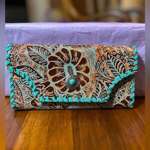 MYRA BAG Brown & Turquoise Floral Embossed Leather Wallet w/Turquoise Snap. NEW!